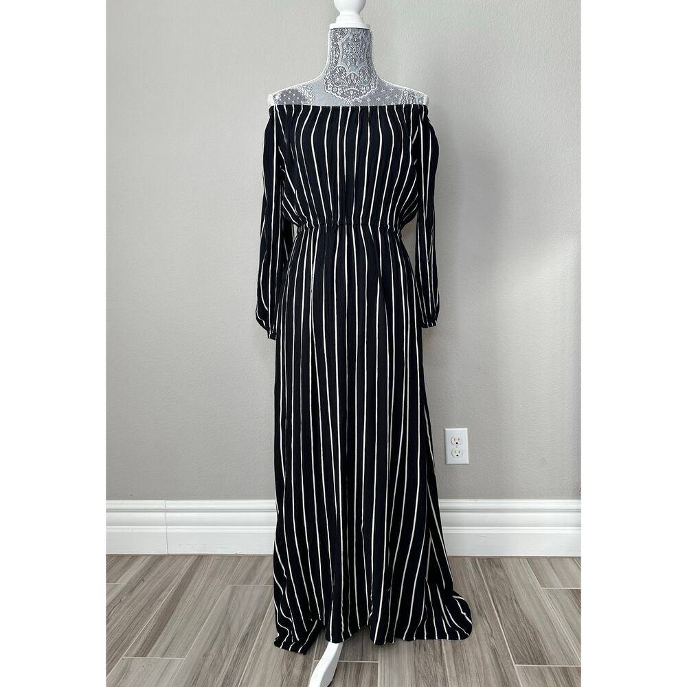 BILLABONG Off The Shoulder Long Sleeve Maxi Dress Black White Vertical Stripe
